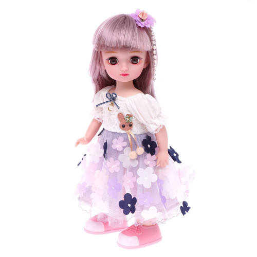 Кукла интерактивная «Алена в бело-фиолетовом платье с цветочками», звук