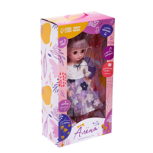 Кукла интерактивная «Алена в бело-фиолетовом платье с цветочками», звук